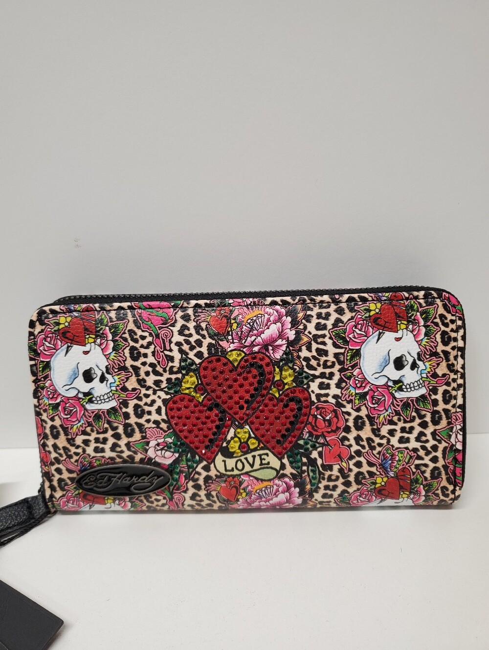 Ed Hardy Leopard Print Wallet with Red Heart Studs and Floral Skull Artwork